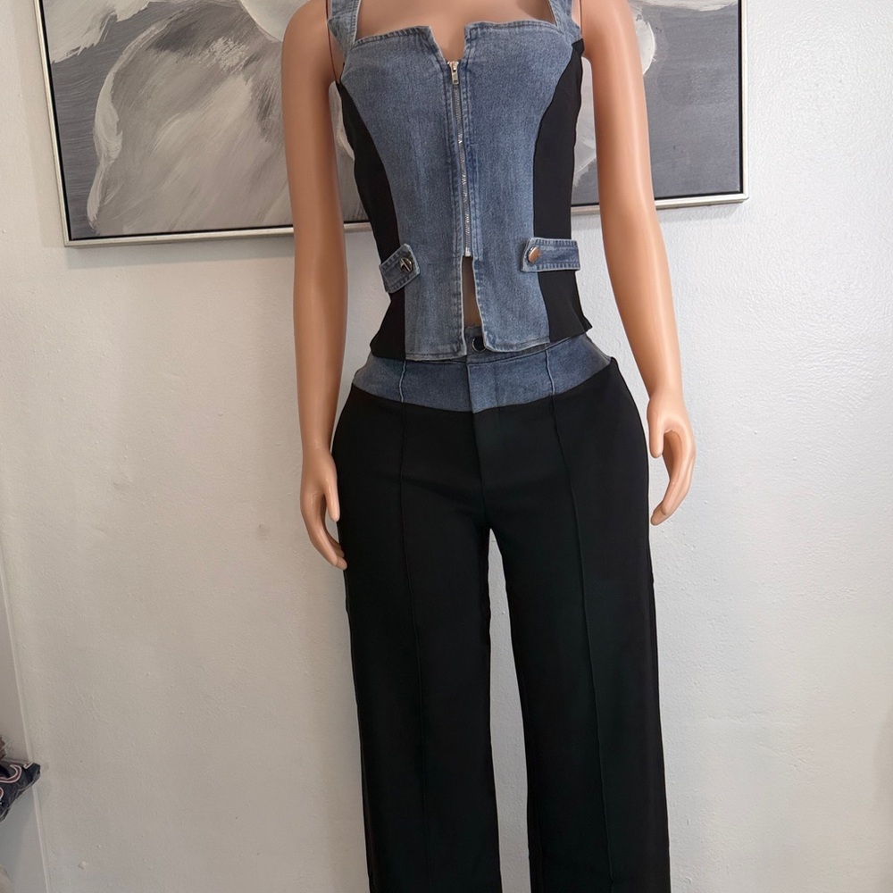 Denim-Panel Bustier Top with Black Trousers - sets